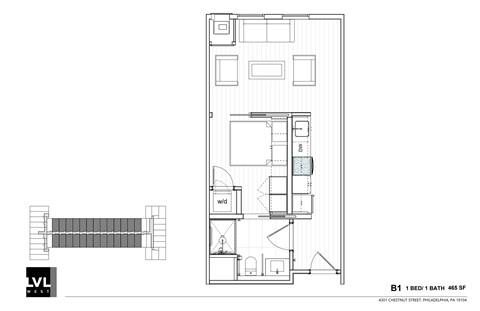 Floor plan for 1 bed, 1 bath, 465 sqft